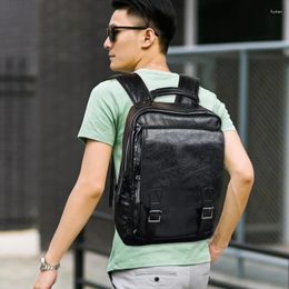 Backpack Fashion Men's Solid Colour Casual Student Bookbag Trendy Simple Travel Buckle PU Leather Bag