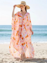 Boho Retro Pink Floral Print Swimsuit Cover Up 2024 Half Sleeve Summer Outing Bikini Cardigan Holiday Long Beach Dress Kimono