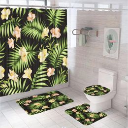 Shower Curtains Tropical Plant Curtain Set Summer Hawaiian Flower Palm Leaves Bathroom Decor Non-Slip Bath Mat Rug Toilet Cover