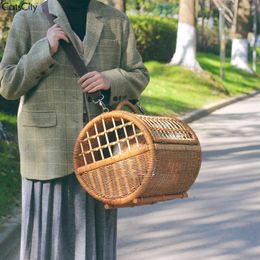 Cat Carriers Handmade Rattan Outing Bag Breathable Basket Portable Diagonal Bucket