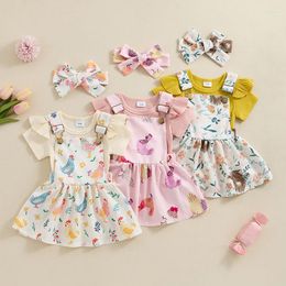 Clothing Sets Baby Girl Summer Outfits Solid Color Ribbed Knit Romper Chicken Print Suspender Skirt Headband 3Pcs Clothes Set