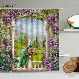 Shower Curtains European Garden Landscape Nature Flowers Plant Waterfall Peacocks Shrub Park Scenery Bathroom Curtain Decor Sets