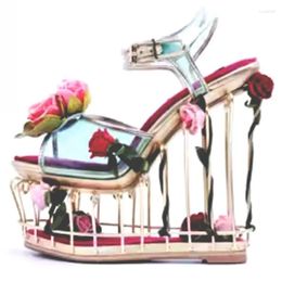 Sandals Luxury Beauty Rose Flower Twined Golden Cage Platform Wedge Heel PVC Ankle Strap Woman Super Fretwork Wedding Shoes