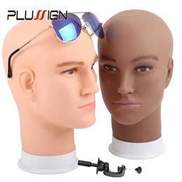 Mannequin Heads Famous Brand Plusign Mens Bald and Hairless Human Model Jewellery Glass Hat Wig Display Base PVC Training Practise Head Q240510