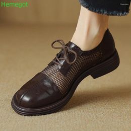 Casual Shoes Round Toe Hollow Mesh British Loafers 2024 Spring Square Heel Lace Up Flat Sandals Black/brown Fashion Women