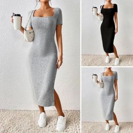 Casual Dresses Pure Color Women Dress Elegant Square Neck Knitted Midi For Solid Split Hem Party With Short Sleeves