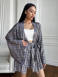 Women's Sleepwear Marthaqiqi Printing Women Set Sexy V-Neck Nightwear Long Sleeve Robe Lace Up Pyjamas Shorts Femme Nightgowns Suits