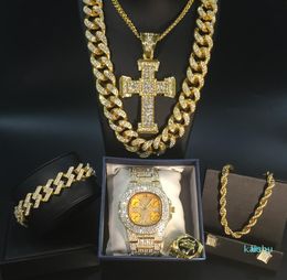 Men039s Golden Watch Hip Hop Men Necklace Watch Necklace Bracelet Ring Combo set Iced Outed Cuban Golden Jewellery Set1114665