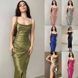 2023 Spicy Girl Style Sexy Low cut Satin Split Strap Dress New Slimming Open Back Long Dress