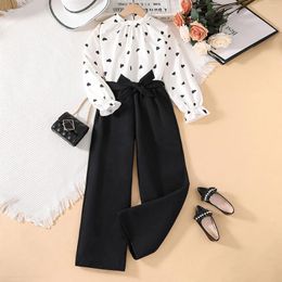 Clothing Sets Autumn Girls Outfit 8-12 Years Long Sleeve Shirt With White Heart Black Wide-Leg Pants Pastoral Retro Kids Suit