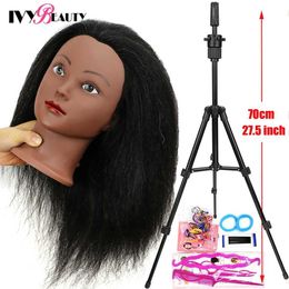 Mannequin Heads Womens African mannequin head with real hair used for styling and weaving professional training care wig headband Q240510