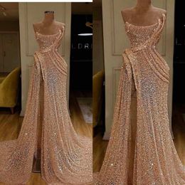 2020 Glitter Mermaid Evening Dresses Champagne Sequins Side Split Lace Formal Party Gowns Custom Made Long Prom Dresses 317B