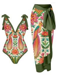 Fashion Vintage Sexy Deep V Neck Animal Print Women's One-piece Swimsuit Open Back With Strap Covered Bikini