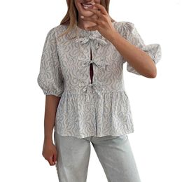 Women's Blouses Women Puff Short Sleeve Peplum Shirts Tie Front Ruffle Hem Blouse Tops Teen Girls Lace Up Cute Summer For Tall