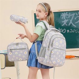 School Bags Student Reading Backpack Daisy Pattern Handbag Pen Bag Three Piece Set Lunch