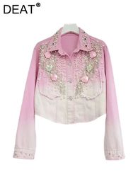 DEAT Women Denim Coat Lapel Gradient Pink Beading Rose Flowers Single Breasted Pocket Jackets Summer Fashion 29L1229H 240506