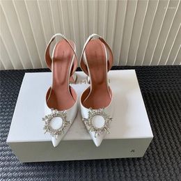 Sandals Diamond Sunflower Rhinestone Silk Pointed Toe Amina Muaddi White Satin Ladies High Heels Shoes Master Glass Heel Sexy