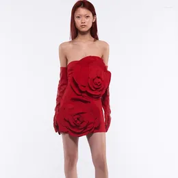 Casual Dresses Sexy Burgundy Breast Wrapping Mini Dress Women's Slim Fitting Decorative Three-dimensional Flower Party