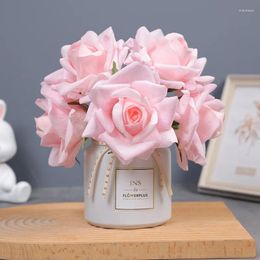 Decorative Flowers 5 Heads Curl Real Touch Moisturising Handholding Rose Flower Bouquet Wedding Party Desk Decoration Wreath Flores