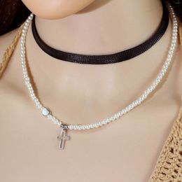 Pendant Necklaces Pearl Beads 2 Layer Chain Cross Pendants Necklace Men Trendy White Beaded Choker On Neck Fashion Jewelry