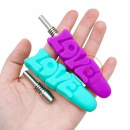 LOVE Style Smoking Colourful Silicone Pipes With 10mm Joint Steel Philtre Nails Handpipes Cigarette Holder Bubbler Dabber Tips Waterpipe Oil Rigs Straw Hand Tube DHL