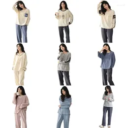 Home Clothing Womens Knit Loungewear Outfits Long Sleeve Crewneck Pullover Top And Pant Matching Pajamas Set Sweatsuit With Pockets