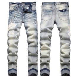 Men's Jeans European Letter AMIRIiocn Men Embroidery Patchwork Trend Brand Motorcycle Pants Mens Skinny Ripped AM3626 Size 29-38