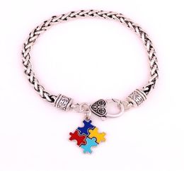 Fashion Autism Awareness Puzzle Jigsaw Classic Silver Plated Square Enamel Charm Lobster Claw Bracelet Trade Assurance Service4469427