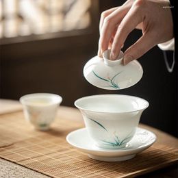 Teaware Sets Hand Painted Orchid Sancai Gaiwan Tea Cup Household Non-Scald White Porcelain Brewing Bowl Elegant Ceramic Set