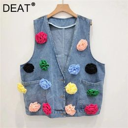 Women's Vests Three-dimensional Colourful Flower Decoration Denim Vest For Women Loose Design Sleeveless Coat 2024 Summer 33A1358