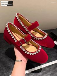 Casual Shoes Fashion Design Diamonds Ladies Mary Jane Buckle Strap Solid Colour Split Leather Women Flat Preppy Style Sweet Pumps