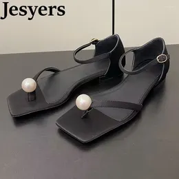 Casual Shoes Summer Open Toe Low Heel Pearl Sandals Women's Genuine Leather Solid Color Versatile Sandalias Daily Comfort