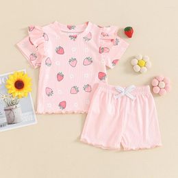 Clothing Sets Kids Girls Summer Shorts Short Sleeve Crewneck Floral/Strawberry Print Tops Drawstring 2 Pieces