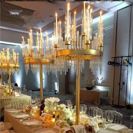 Candle Holders Wedding Decoration Luxury Design Large Crystal Clear Acrylic Tube Gold Metal Standing Candelabra