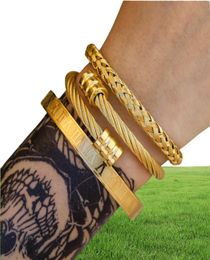 3pcsSet Roman Numeral Mens Bracelets Stainless Steel Hemp Rope Open Bangles Gold Pulseira Bileklik Bracelet Jewelry9557146