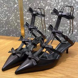 Casual Shoes Pointy Toe Bow Sandals Kitten Heels T Straps Fashion Leather Slingback Ankle Strap Sexy Women Summer Hollow Dress Party