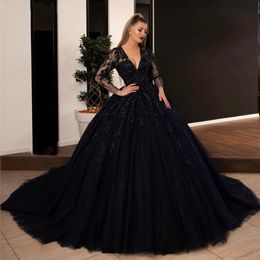 Gothic Black Ball Gown Wedding Dresses Sequins Beads Lace Appliques Bridal Gowns with Long Sleeve Open Back Lace-up Plus Size Vintage V 3121