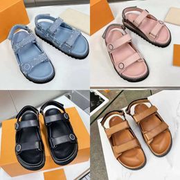 Designer Slippers Women Sandal PASEO COMFORT Flat Slides Casual Shoes Platform Shoe Buckle Leather Loafer Denim Blue F