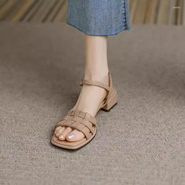 Casual Shoes Open Toe Sandals Women's Summer 2024 Line Buckle Braided 100 Square Head Thick Heel Roman