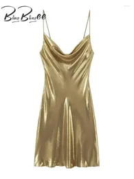 Casual Dresses BlingBlingee 2024 Summer Gold Metallic Shiny Women Party Dress Draped Sleeveless Backless Robe Female Mini Sexy Y2K