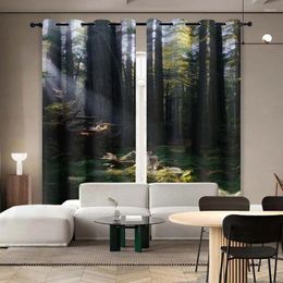 Curtain 2PC High Blackout Perforated Curtains Double-sided Matte Bedroom Balcony Living Room Gradient Light And Shadow Forest Print