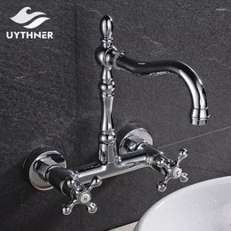 Bathroom Sink Faucets Chrome Polished Solid Brass Swivel Spout Faucet Double Handle Mixer Tap Wall Mounted