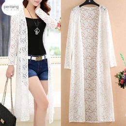 Women's Knits Summer Beach Cover Up 3XL Women Floral Lace Kimono Semi Sheer Solid Open Front Long Elegant Cardigan Mujer Tops