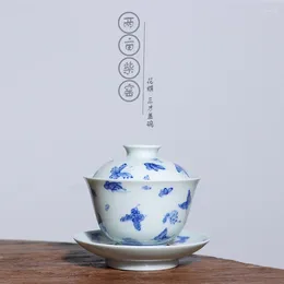 Teaware Sets |Two Mu Maintain Jingdezhen Manual Hand Draw Three Butterflies To Tureen Tea Bowl Under The Blue And White Glaze