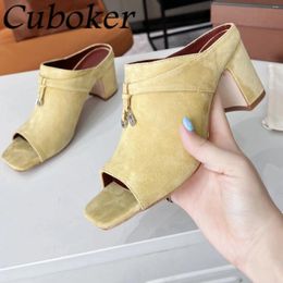 Slippers Kid Suede Women High Heels Chunky Heel Metal Lock Femme Mules Peep Toe Casual Brand Party Sandal For Summer