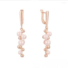 Dangle Earrings FJ Women Jewellery 585 Rose Gold Colour Simulated Pearl Smooth Round Ball Long