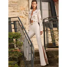 DH6 Newest Fashion Designer Suit Set Women's Pearls Diamonds Rhinestone Beaded Trimed Jacket Flare Slit Pants Suit