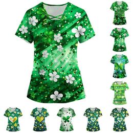 Women's Polos Plus Size Printed Scrub Working Uniform Tops For V-Neck Foral Print Short Sleeve Fun Shirts Workwear Tee With Pockets