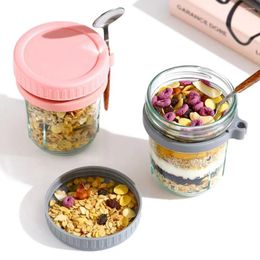 Storage Bottles Heat-resistant Glass Overnight Oats Cup 16 Oz Large Capacity Cereal Jars With Lids Yoghourt Containers