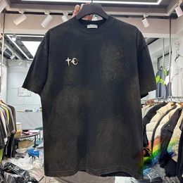 Men's T-Shirts Washed THUG CLUB Star And Moon broidery T Shirt Men Women High Quality Vintage Tops Heavy Fabric Short Seve H240508